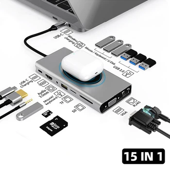 15 в 1 Док-Станция Type C HUB, Совместимая с USB-Концентратором Type C К HDMI, Беспроводная Зарядка, Адаптер USB 3.0, Аксессуары Для Ноутбуков