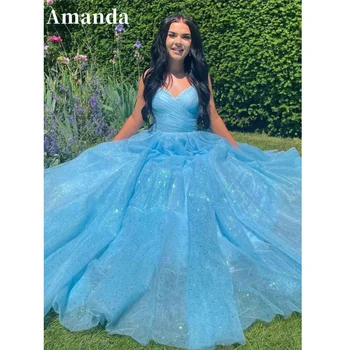 Amanda Sweet Блестящее Платье для выпускного вечера Трапециевидной формы с Элегантным Корсетом Светло-Голубого Цвета, С блестками Принцессы, С Открытой спиной, Vestidos De Noche