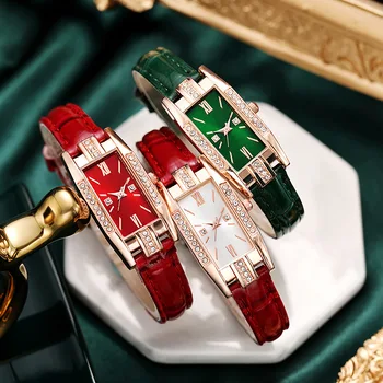CHA-004 Высококачественные роскошные квадратные женские часы с бриллиантовой инкрустацией и ремешком из воловьей кожи, бесплатная доставка