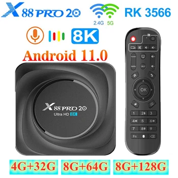 X88 Pro 20 Tv Box Android 2023 8K 8GB 128GB Smart Android 11 Медиаплеер 2.4G 5.8G WIF телеприставка BT AV1 HD Fast TopBox RK3566