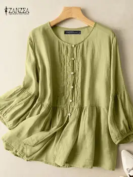 Женская рубашка ZANZEA, винтажная блузка на пуговицах, повседневные блузки с рукавом-фонариком, Летние Модные однотонные плиссированные топы, Сорочка-туника OL