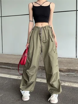 Зеленые брюки-карго в стиле хип-хоп в стиле ретро, женские Y2K Harajuku, широкие черные брюки-парашют, женская винтажная уличная одежда