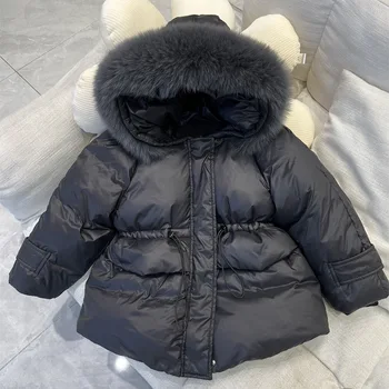 Зимняя пуховая куртка для девочек средней длины, утолщенная одежда из Белого утиного пуха, Корейская детская теплая верхняя одежда с большим меховым воротником