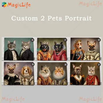 Изготовленный на заказ портрет 2 кошек, Королевские животные, Настенные Панно для гостиной, Винтажный плакат, настенное искусство, холст, живопись, домашний декор без рамы