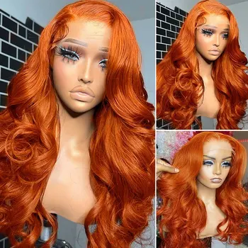 Имбирно-оранжевый Синтетический парик на кружеве свободной волны, Высококачественное Термостойкое волокно, Предварительно Выщипанный Натуральный волосяной покров для женских париков