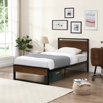 Каркас односпальной кровати с деревянным изголовьем и изножьем, металлический каркас кровати на платформе с местом для хранения, пружинный блок не требуется
