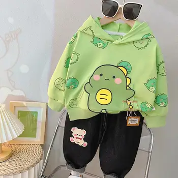 Комплект с длинными рукавами для мальчиков, Весенне-осенний детский свитер с капюшоном и животными, Корейское издание, комплект детской одежды из двух предметов