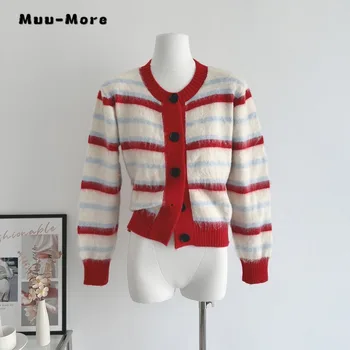 Корейский стиль Пэчворк Контрастный полосатый Мохеровый свитер с круглым вырезом и пальто для женщин 2023 Осень Зима Вязаный кардиган
