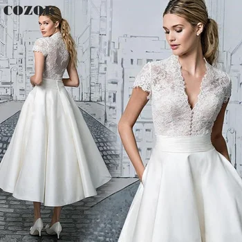 Короткие свадебные платья для женщин, атласное платье трапециевидной формы с V-образным вырезом и кружевом для невесты, вечернее платье CO09