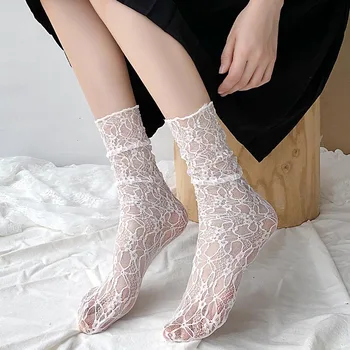 Кружевные носки принцессы в японском стиле, Ультратонкие Прозрачные Летние полые сетчатые носки для экипажа, женские модные длинные носки в стиле харадзюку в стиле ретро