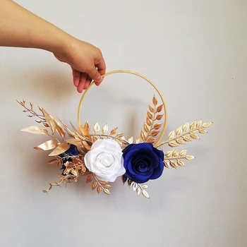 Настройте Королевский синий с белыми листьями розового золота Свадебную корзину с цветами для подружек невесты cestas mimbre para bodas