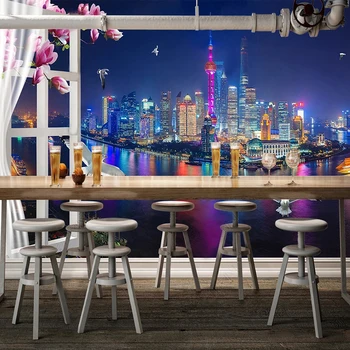 Пользовательские 3D обои, Красивый ночной вид на набережную Шанхая за окном, фотообои, фон для дивана в гостиной, Декор стен