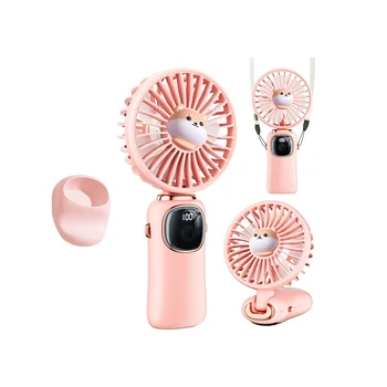 Портативный ручной вентилятор, шейный вентилятор на 4000 мАч со светодиодным дисплеем, Складной настольный вентилятор с основанием, 5-скоростной вентилятор для женщин розового цвета