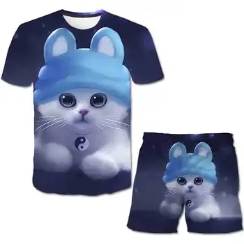 Спортивный комплект для мальчиков, футболка с кошачьими животными + брюки, костюм, летняя детская модная повседневная футболка с короткими рукавами и рисунком, комплекты из 2 предметов