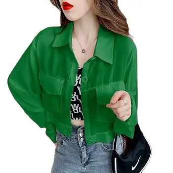 Тонкая шифоновая солнцезащитная женская куртка 2022, Новый летний повседневный кардиган с длинными рукавами, короткое пальто, топы, Зеленая, белая, Черная верхняя одежда