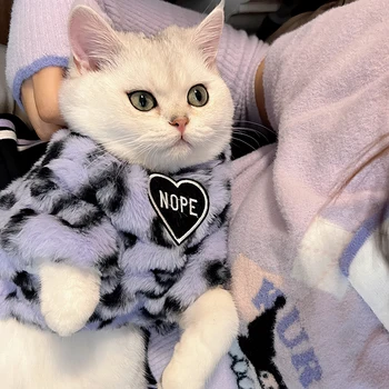 Фиолетовый свитер с леопардовым рисунком, зимняя толстая плюшевая одежда для кошек, теплый свитер для домашних животных, Английская плюшевая одежда с короткой бородой
