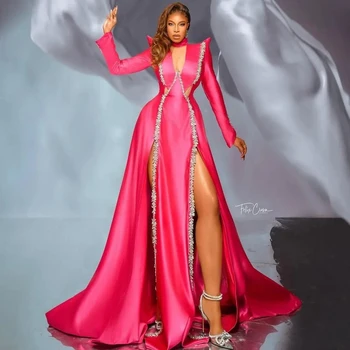 Ярко-розовые Атласные платья для выпускного вечера с длинным рукавом, сексуальное вечернее платье с разрезом сбоку, блестящие пайетки, Женские платья длиной до пола